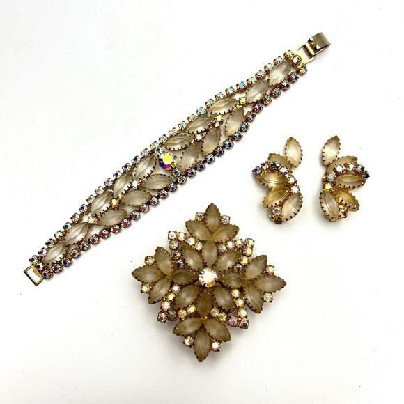 VTG Juliana D&E Frosted AB Rhinestone Jewelry Set Earrings Bracelet Brooch - Picture 1 of 12